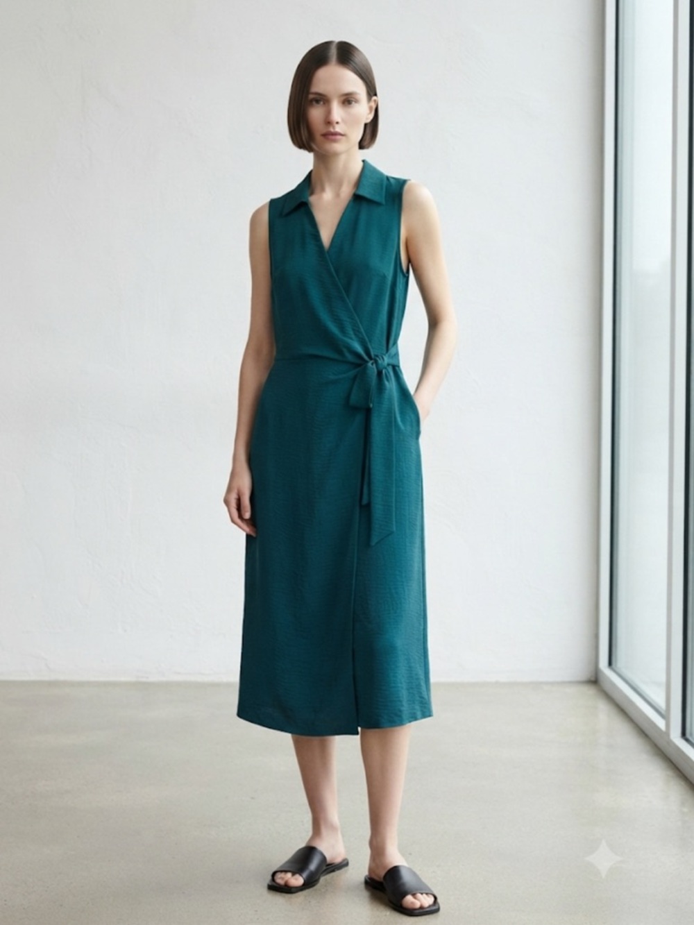 NWT Calvin Klein Teal Green Sleeveless Collared Wrap Midi Dress Size 10
